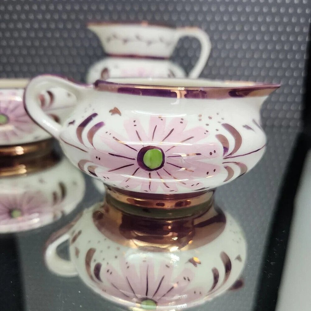 OLS1 by Old Castle Lusterware Creamer and Sugar Set, Purple and Pink, England - Picture 6 of 12